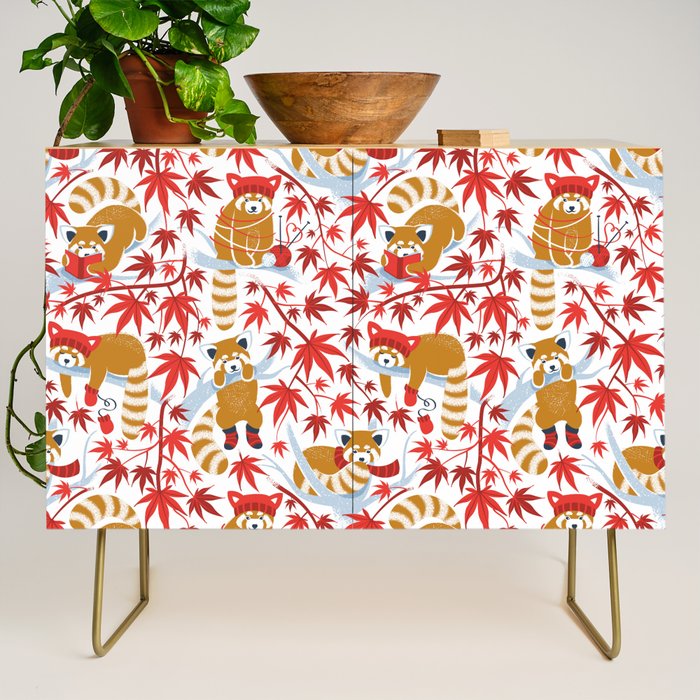 Red panda blending with the foliage // white background desert sun brown cozy animals fog blue tree branches red acer leaves Credenza Gallery Image 1