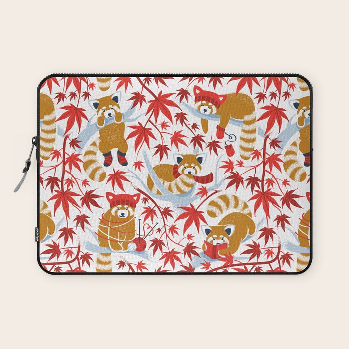Red panda blending with the foliage // white background desert sun brown cozy animals fog blue tree branches red acer leaves Laptop Sleeve Gallery Image 1