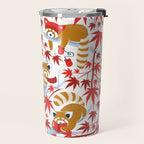 Red panda blending with the foliage // white background desert sun brown cozy animals fog blue tree branches red acer leaves Travel Mug Gallery Image 2