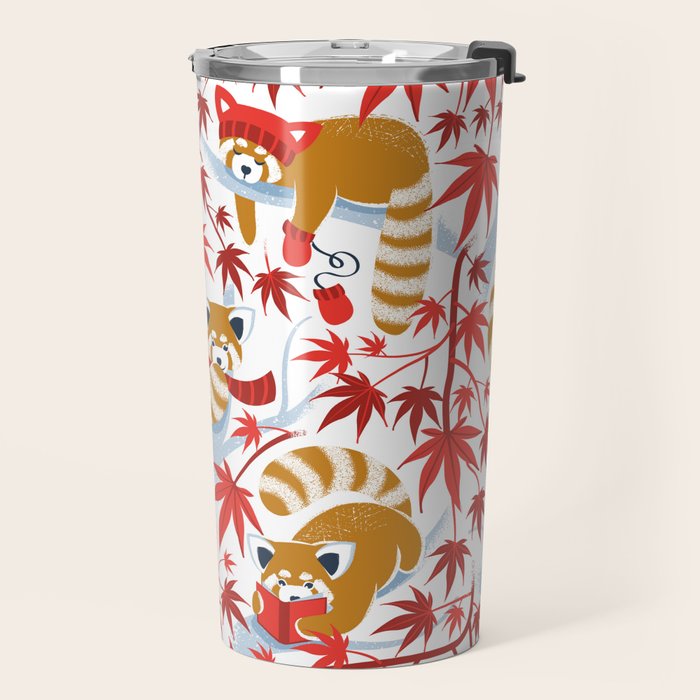 Red panda blending with the foliage // white background desert sun brown cozy animals fog blue tree branches red acer leaves Travel Mug Gallery Image 2
