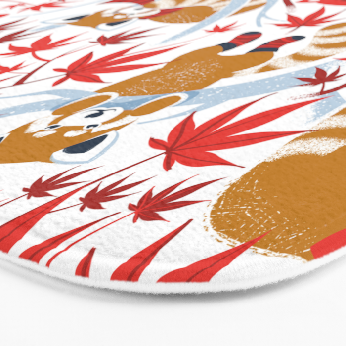 Red panda blending with the foliage // white background desert sun brown cozy animals fog blue tree branches red acer leaves Bath Mat Gallery Image 3