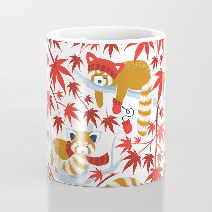 Red panda blending with the foliage // white background desert sun brown cozy animals fog blue tree branches red acer leaves Coffee Mug Gallery Image 4