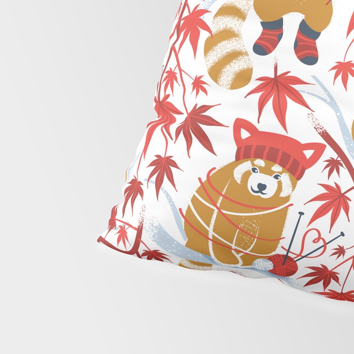 Red panda blending with the foliage // white background desert sun brown cozy animals fog blue tree branches red acer leaves Pillow Sham Gallery Image 4