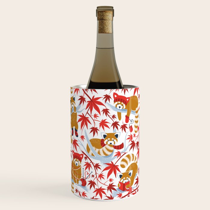 Red panda blending with the foliage // white background desert sun brown cozy animals fog blue tree branches red acer leaves Wine Chiller Gallery Image 1
