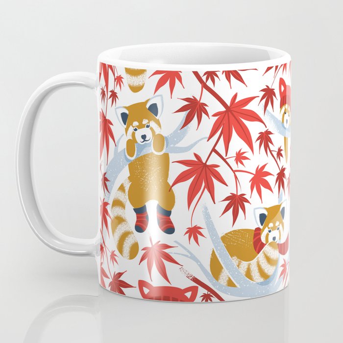Red panda blending with the foliage // white background desert sun brown cozy animals fog blue tree branches red acer leaves Coffee Mug Gallery Image 3