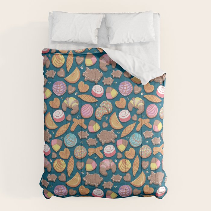 Mexican Sweet Bakery Frenzy // turquoise background // pastel colors pan dulce Comforter Gallery Image 1