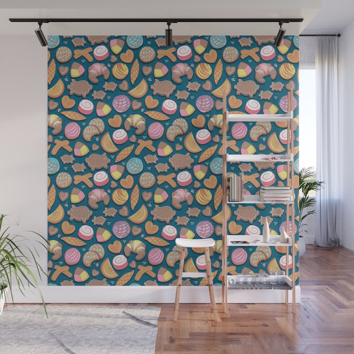 Mexican Sweet Bakery Frenzy // turquoise background // pastel colors pan dulce Wall Mural Gallery Image 1
