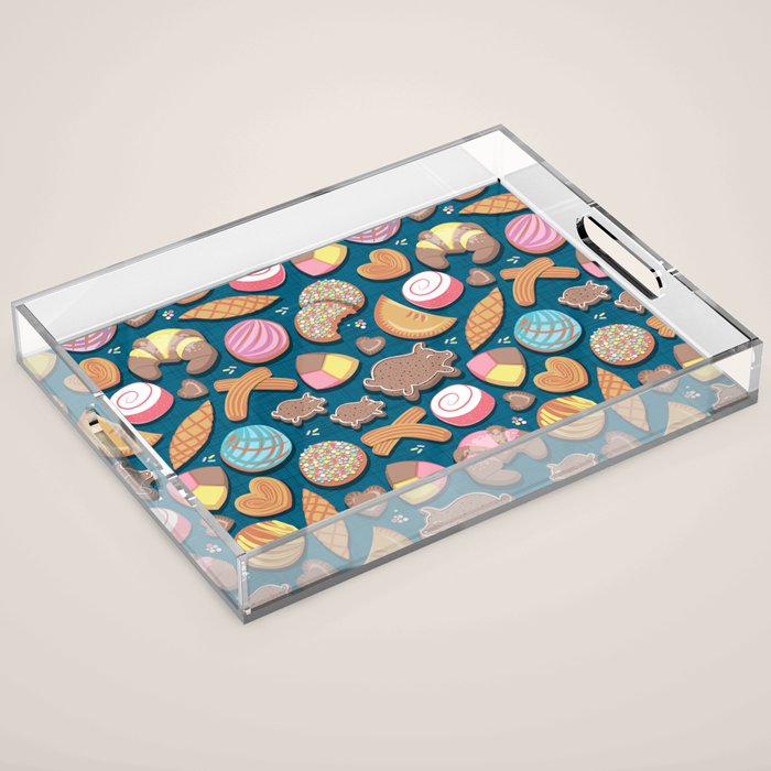 Mexican Sweet Bakery Frenzy // turquoise background // pastel colors pan dulce Acrylic Tray Gallery Image 1