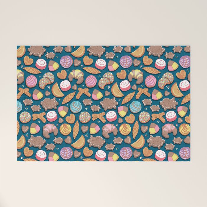 Mexican Sweet Bakery Frenzy // turquoise background // pastel colors pan dulce Welcome Mat Gallery Image 1