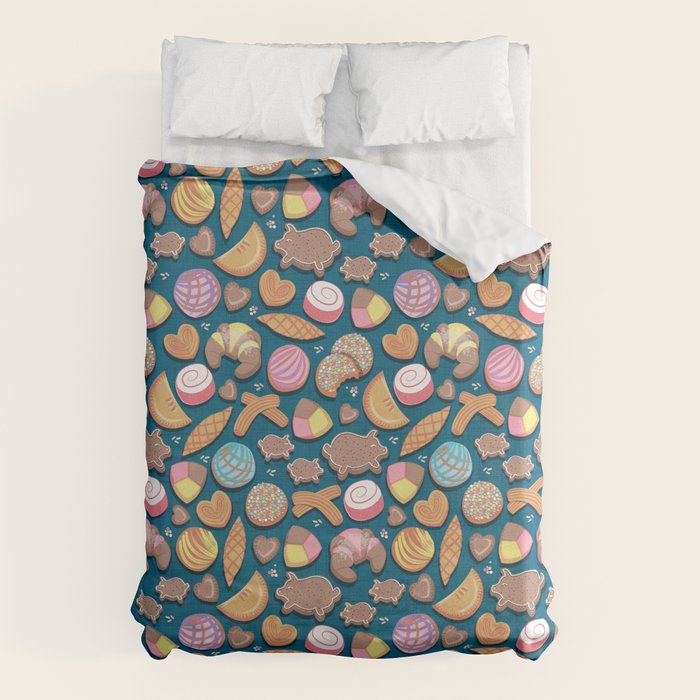 Mexican Sweet Bakery Frenzy // turquoise background // pastel colors pan dulce Duvet Cover Gallery Image 6