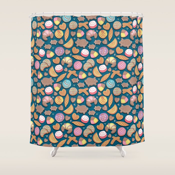 Mexican Sweet Bakery Frenzy // turquoise background // pastel colors pan dulce Shower Curtain Gallery Image 1