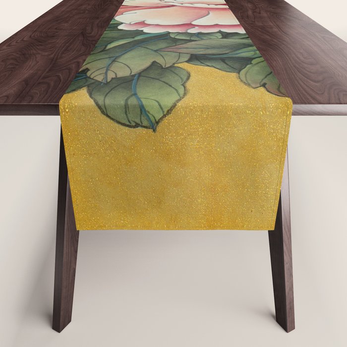 Chinoiserie Peach Blooming Peony Gold Leaf Art Painting Table Runner Gallery Image 1
