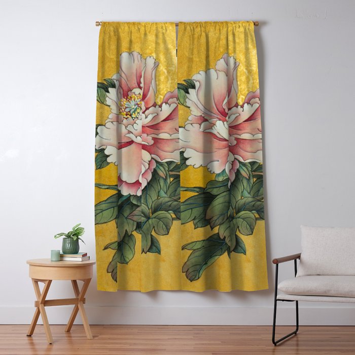 Chinoiserie Peach Blooming Peony Gold Leaf Art Painting Window Curtain Gallery Image 5