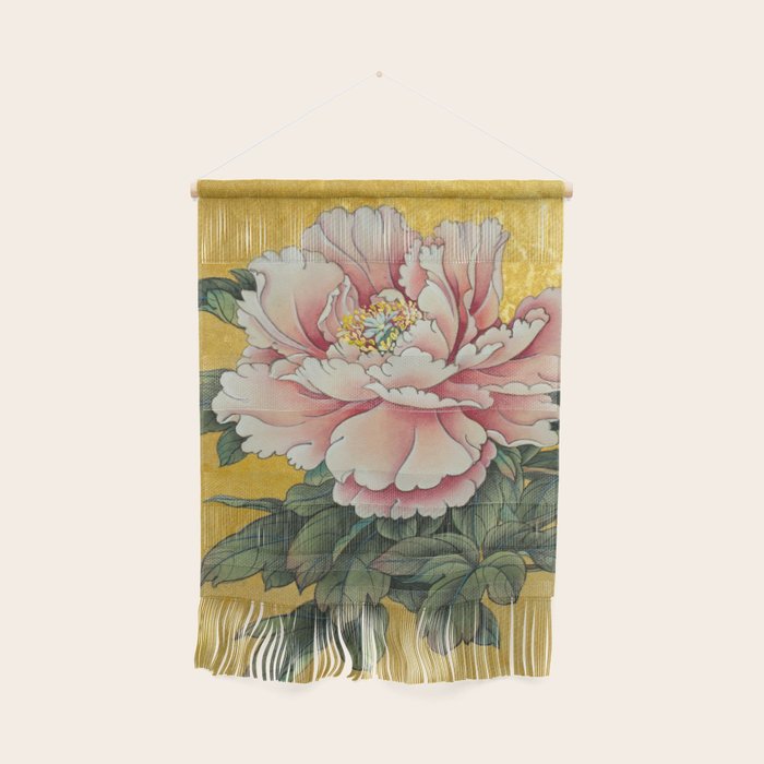 Chinoiserie Peach Blooming Peony Gold Leaf Art Painting Wall Hanging Gallery Image 1