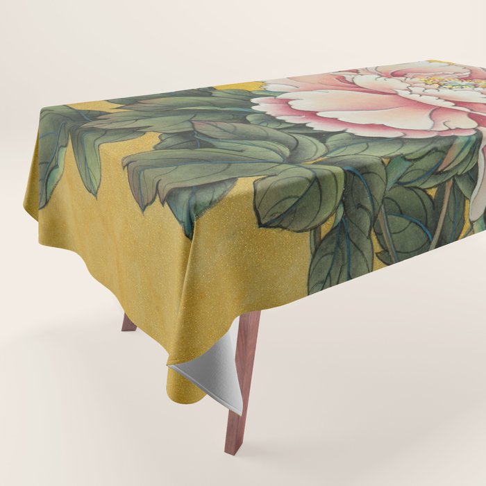 Chinoiserie Peach Blooming Peony Gold Leaf Art Painting Tablecloth Gallery Image 1