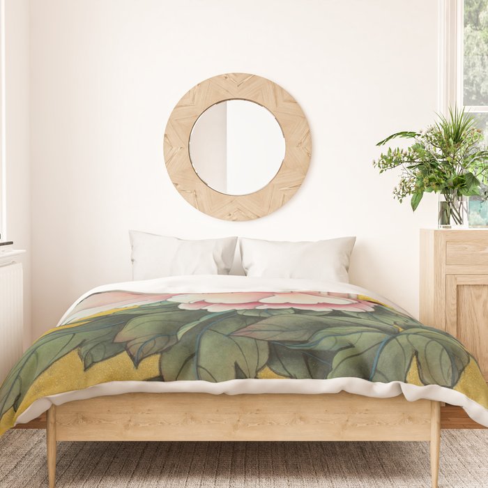 Chinoiserie Peach Blooming Peony Gold Leaf Art Painting Duvet Cover Gallery Image 3