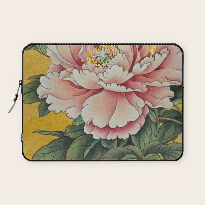 Chinoiserie Peach Blooming Peony Gold Leaf Art Painting Laptop Sleeve Gallery Image 1
