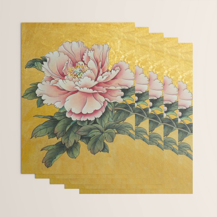 Chinoiserie Peach Blooming Peony Gold Leaf Art Painting Wrapping Paper Gallery Image 3