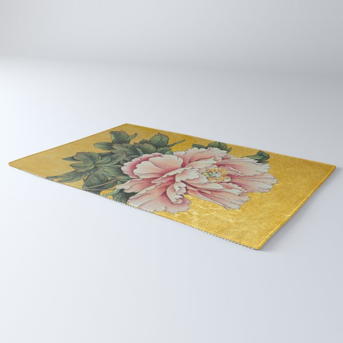 Chinoiserie Peach Blooming Peony Gold Leaf Art Painting Rug Gallery Image 3