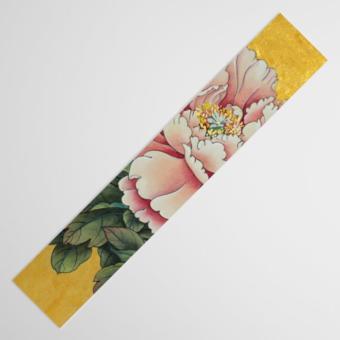 Chinoiserie Peach Blooming Peony Gold Leaf Art Painting Table Runner Gallery Image 3