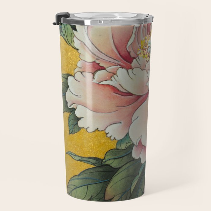 Chinoiserie Peach Blooming Peony Gold Leaf Art Painting Travel Mug Gallery Image 3
