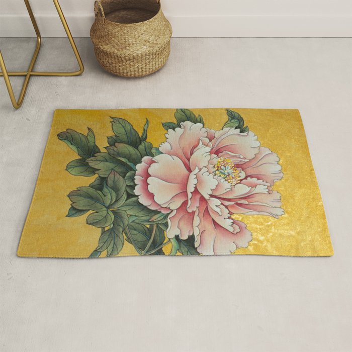 Chinoiserie Peach Blooming Peony Gold Leaf Art Painting Rug Gallery Image 1
