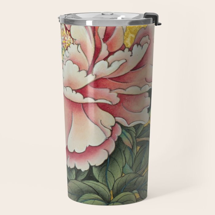 Chinoiserie Peach Blooming Peony Gold Leaf Art Painting Travel Mug Gallery Image 2