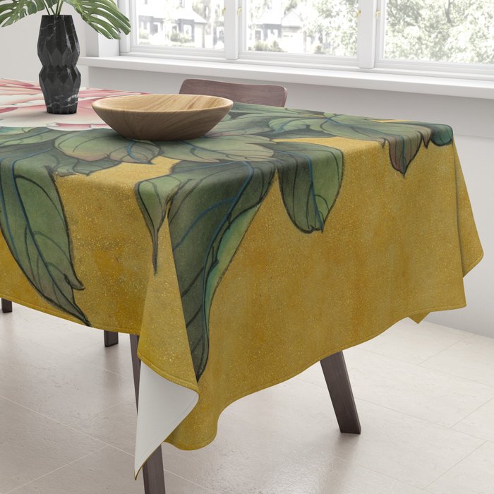 Chinoiserie Peach Blooming Peony Gold Leaf Art Painting Tablecloth Gallery Image 3