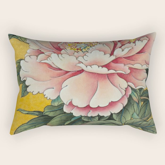 Chinoiserie Peach Blooming Peony Gold Leaf Art Painting Rectangular Pillow Gallery Image 1