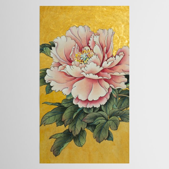 Chinoiserie Peach Blooming Peony Gold Leaf Art Painting Tablecloth Gallery Image 2