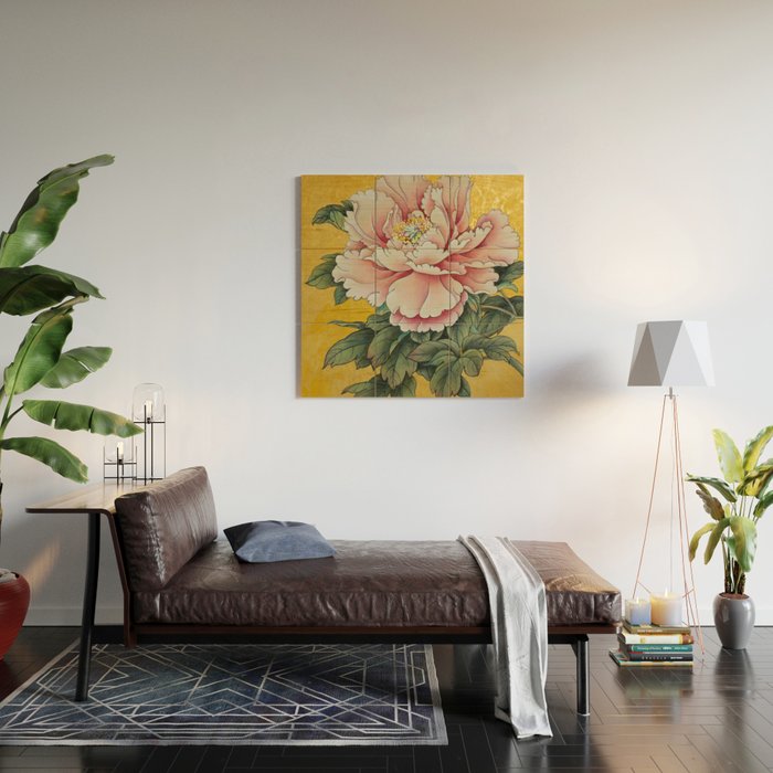 Chinoiserie Peach Blooming Peony Gold Leaf Art Painting Wood Wall Art Gallery Image 2