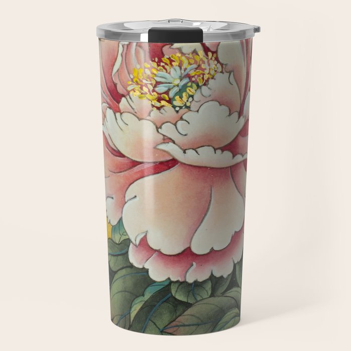 Chinoiserie Peach Blooming Peony Gold Leaf Art Painting Travel Mug Gallery Image 1