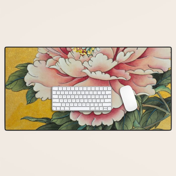 Chinoiserie Peach Blooming Peony Gold Leaf Art Painting Desk Mat Gallery Image 1
