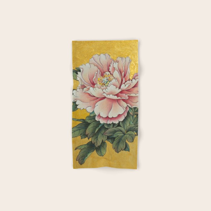 Chinoiserie Peach Blooming Peony Gold Leaf Art Painting Bath Towel Gallery Image 1