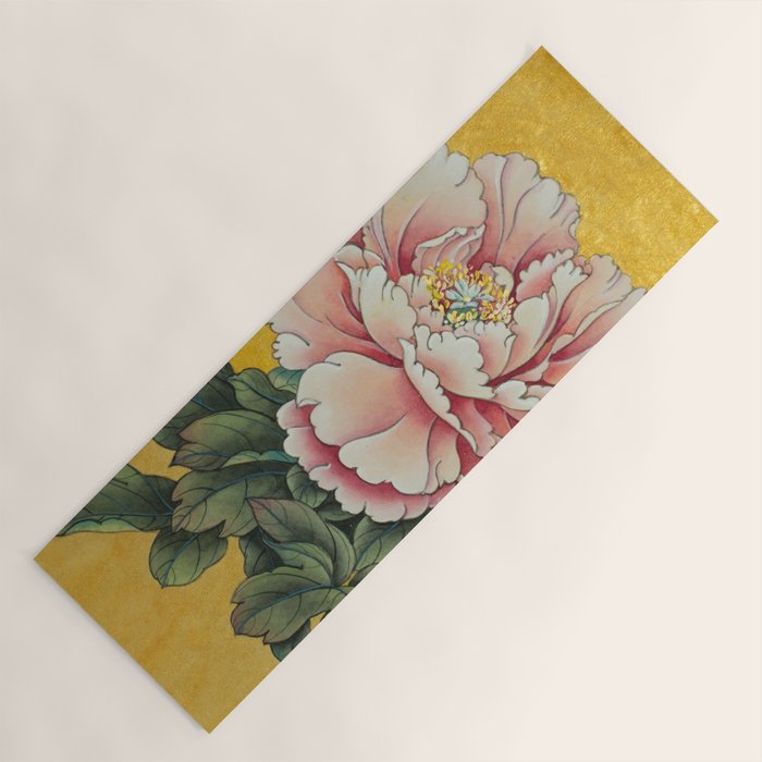 Chinoiserie Peach Blooming Peony Gold Leaf Art Painting Yoga Mat Gallery Image 1