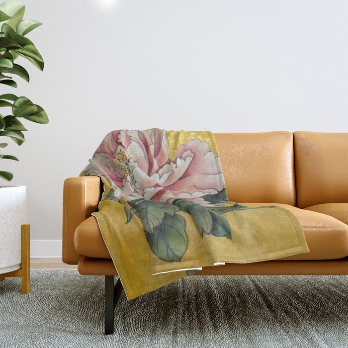 Chinoiserie Peach Blooming Peony Gold Leaf Art Painting Throw Blanket Gallery Image 1