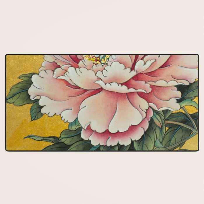 Chinoiserie Peach Blooming Peony Gold Leaf Art Painting Desk Mat Gallery Image 3