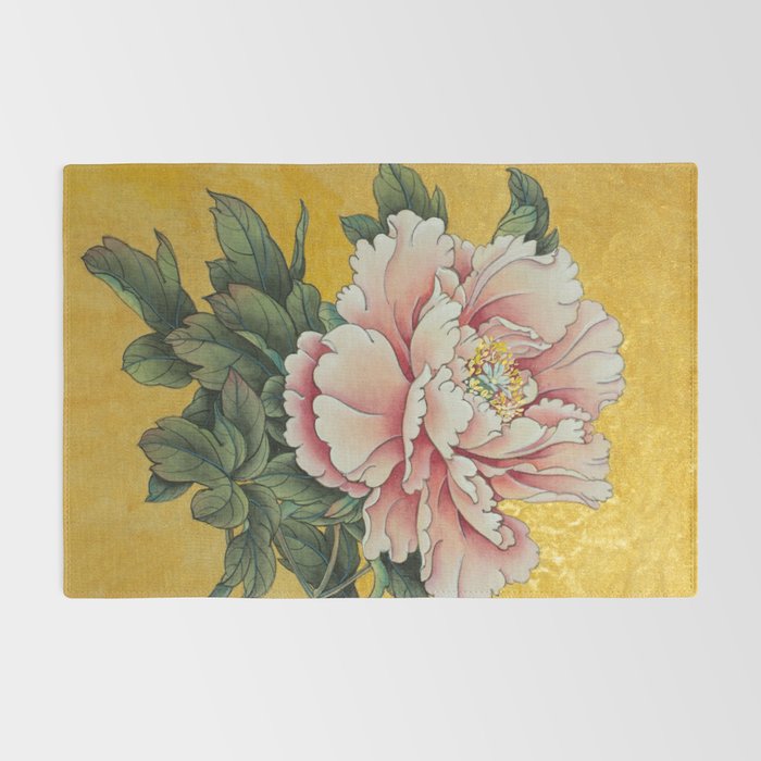 Chinoiserie Peach Blooming Peony Gold Leaf Art Painting Rug Gallery Image 2