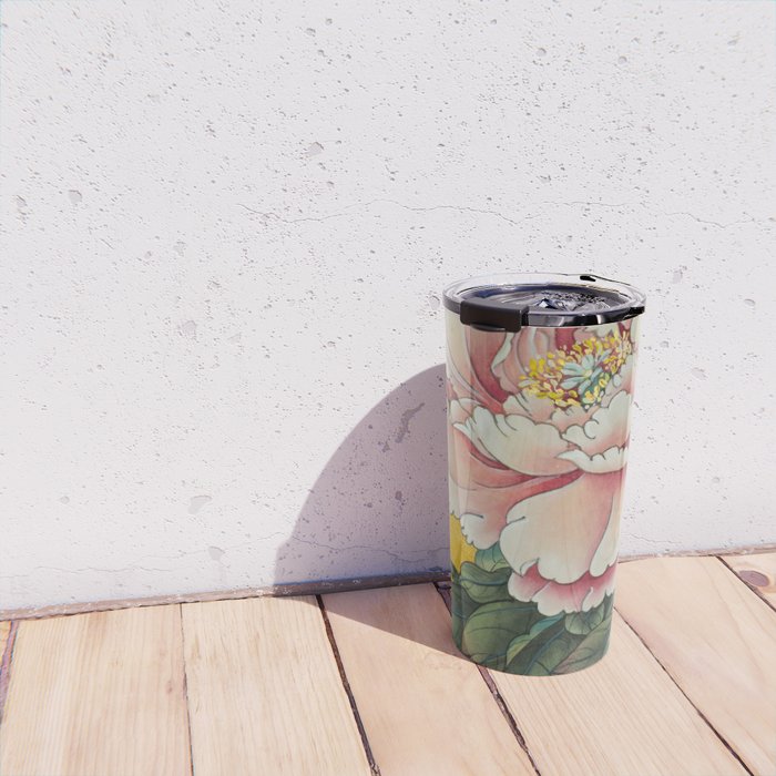 Chinoiserie Peach Blooming Peony Gold Leaf Art Painting Travel Mug Gallery Image 4