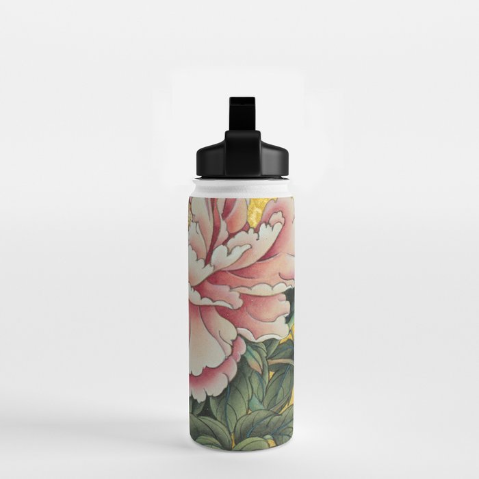 Chinoiserie Peach Blooming Peony Gold Leaf Art Painting Water Bottle Gallery Image 2