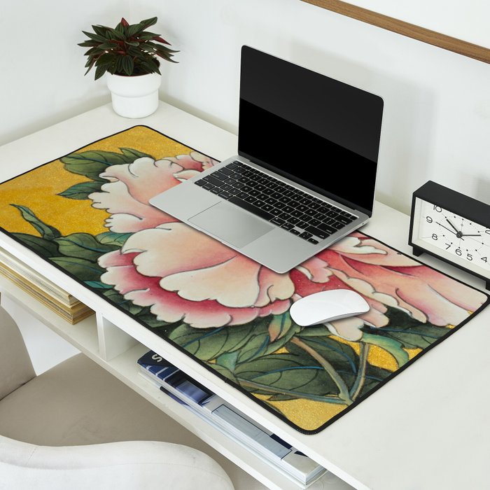 Chinoiserie Peach Blooming Peony Gold Leaf Art Painting Desk Mat Gallery Image 2