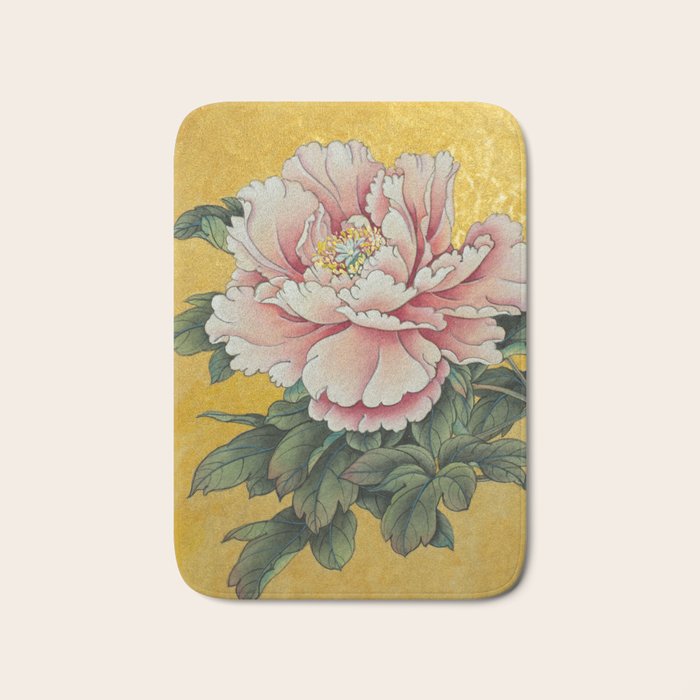 Chinoiserie Peach Blooming Peony Gold Leaf Art Painting Bath Mat Gallery Image 1
