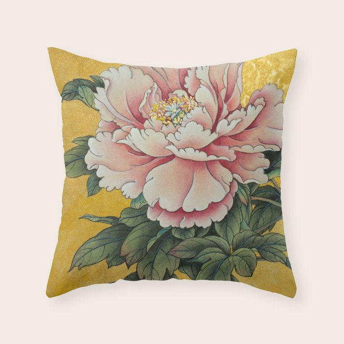 Chinoiserie Peach Blooming Peony Gold Leaf Art Painting Throw Pillow Gallery Image 6