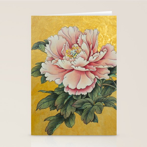 Chinoiserie Peach Blooming Peony Gold Leaf Art Painting Stationery Card Gallery Image 2