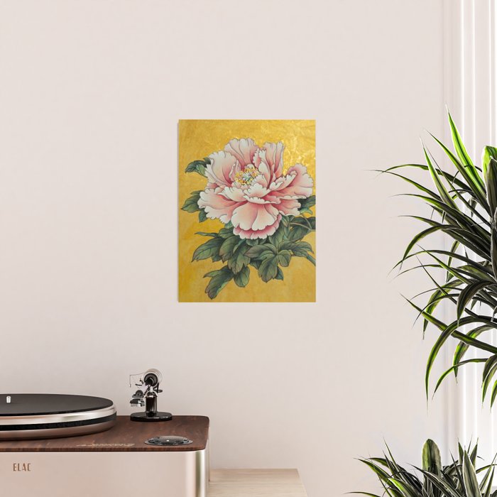 Chinoiserie Peach Blooming Peony Gold Leaf Art Painting Poster Gallery Image 2