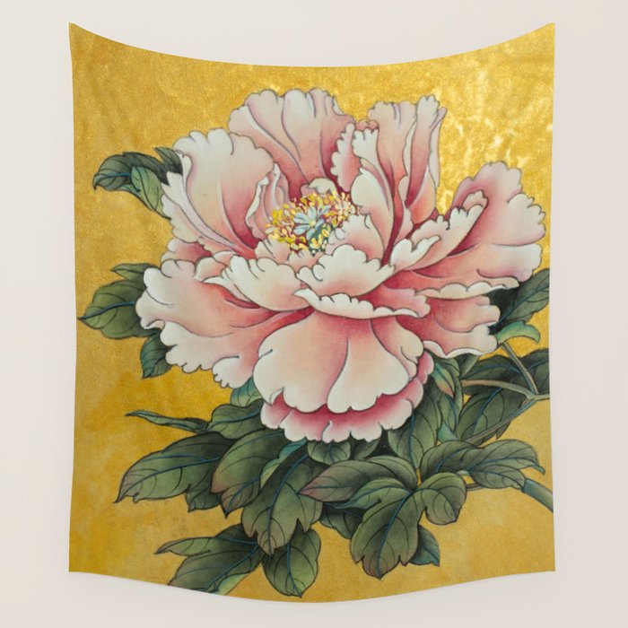 Chinoiserie Peach Blooming Peony Gold Leaf Art Painting Wall Tapestry Gallery Image 1