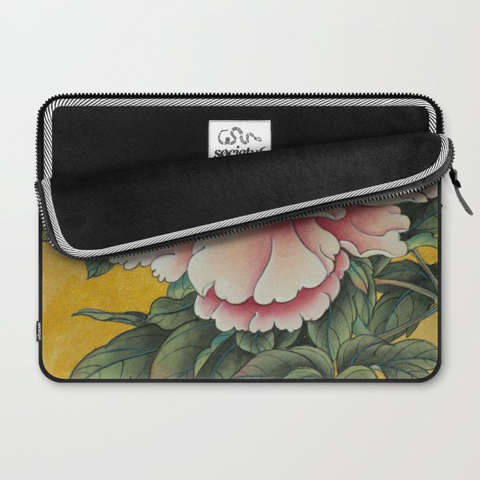 Chinoiserie Peach Blooming Peony Gold Leaf Art Painting Laptop Sleeve Gallery Image 2