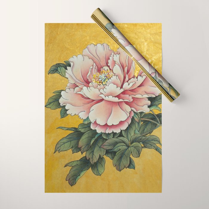 Chinoiserie Peach Blooming Peony Gold Leaf Art Painting Wrapping Paper Gallery Image 1