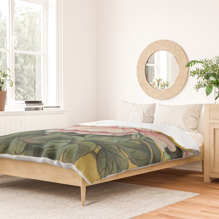Chinoiserie Peach Blooming Peony Gold Leaf Art Painting Duvet Cover Gallery Image 2