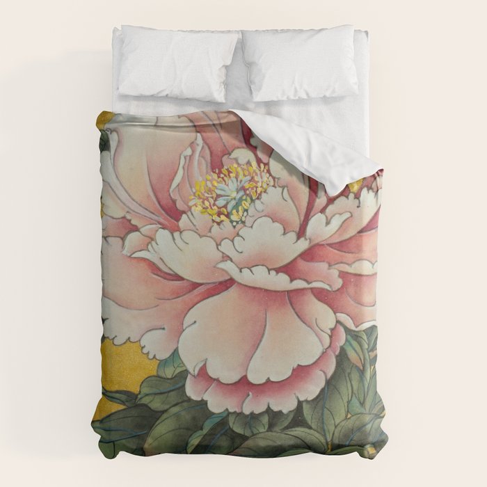 Chinoiserie Peach Blooming Peony Gold Leaf Art Painting Duvet Cover Gallery Image 6